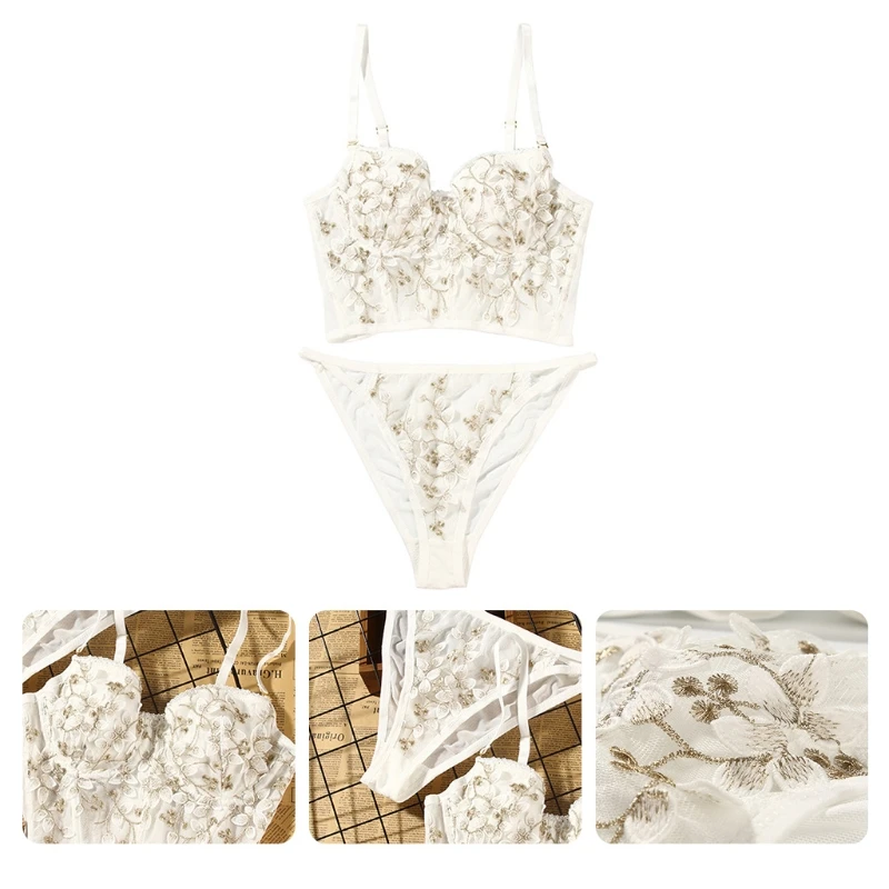 

Women Embroidered Floral Applique Lingerie Set Push Up Underwire Bustier Corset Bra and Low Waist Panty 2 Pieces Sexy Sheer Mesh