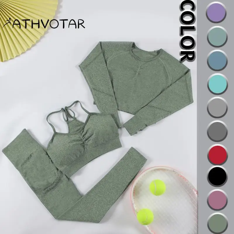 

ATHVOTAR Women’s Sports Fashion 3 Piece Set Bra Long Sleeve Yoga Wear Casual Cycling Push Ups Seamless Workout Fitness Wear Set