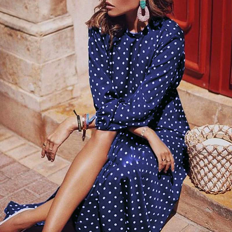

Women Elegant Vintage Stand Collar Split Autumn Dress Boho Lantern Long Sleeves Polka Dot Printed Midi Dress Robe Femme
