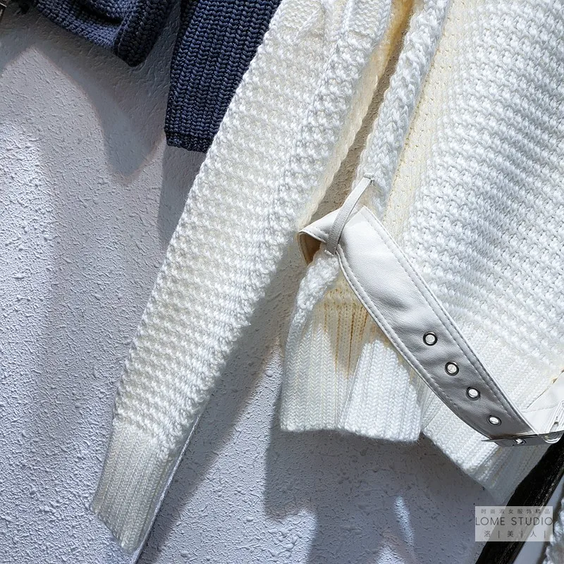 

ZCSMLL 2021 autumn and winter new European goods fashion high neck belt waist design pullover knitted sweater women's outer wear