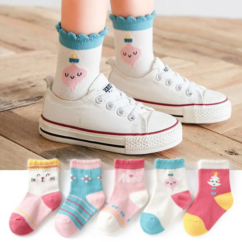 

5 Pairs/lot Children Cotton Socks Autumn Winter Spring Kids Boys Girls Warm Mid Socks Cartoon Stripe Sports Socks