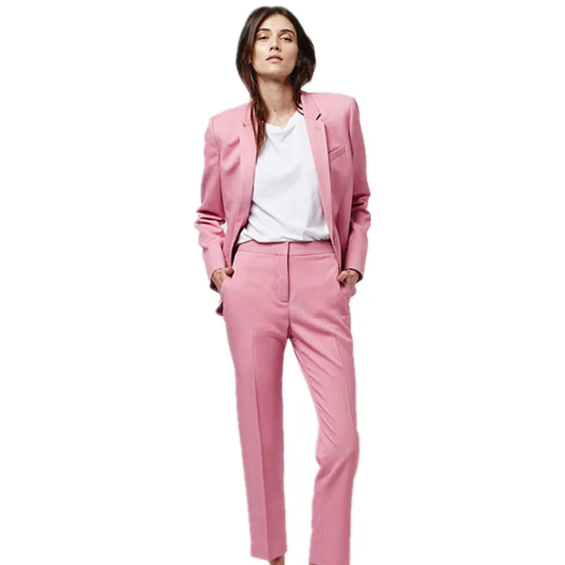

2 Piece Sets Pink Women Office Suits pants Work Wear Office Uniform Styles Slim Ladies Notch Lapel Women Ladies Business Tuxedo