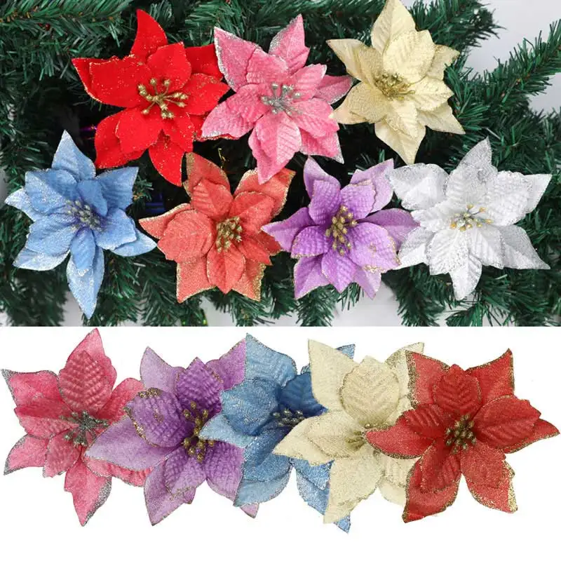 

10 шт. блестящие искусственные цветы, искусственные цветы, украшения для рождественской елки для дома, новогодний, Свадебный декор