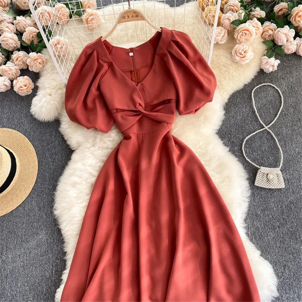 

Summer White Dress For Women Casual Robe Fashion Short Sleeve Green Midi Dresses Elegant Vestidos Female High Waist Sundress