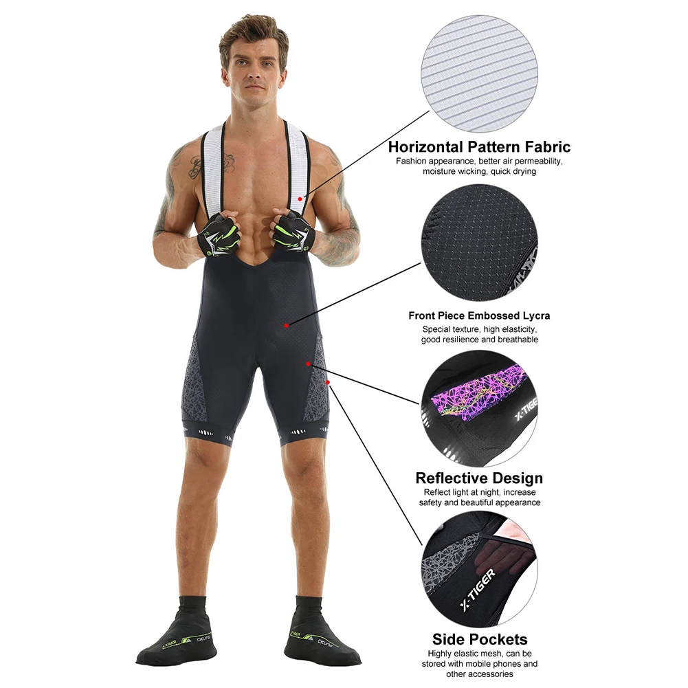 

Men's Cycling Bib Shorts Breathable Fast Drying Padded Bike Pants Underwear with Side Pocket Reflective Strip Riding Shorts