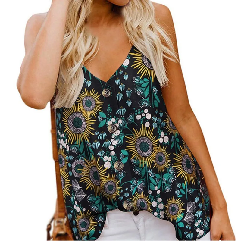 

Female Summer Flower Splicing V-Neck Vest Fashion Comfortable Breathable Sleeveless Ladies Top Loose Casual Tank Tops