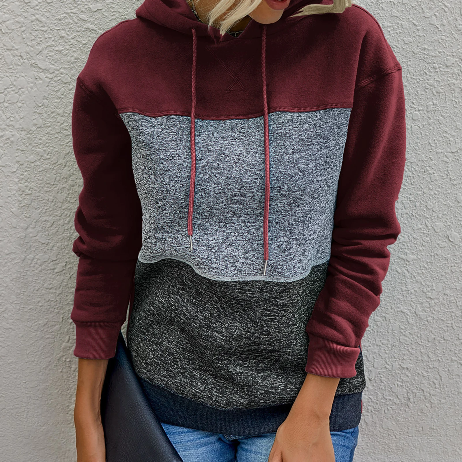 

Women Casual Color Block Hoodie Top Long Sleeve Drawstring Pullover Sweatshirt