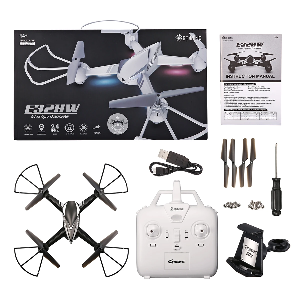 

Eachine E32HW WiFi FPV With 720P HD Camera Altitude Hode RC Drone Quadcopter RTF Black White APP Control Boys Toys Fly Camera