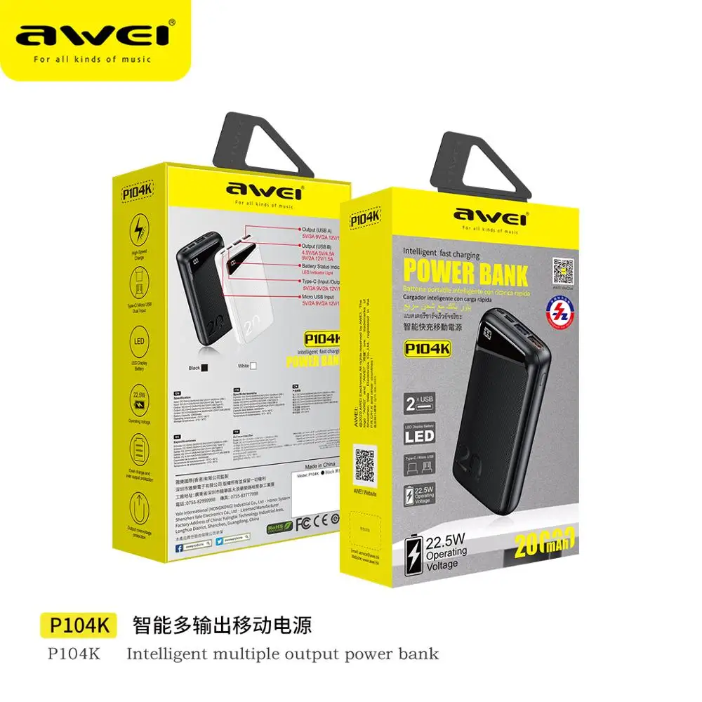 

Awei 20000mAh Power Bank 22.5W PD Fast Charging LED Screen PowerBank USB Type C Quick Charger Battery For iPhone Huawei Xiaomi
