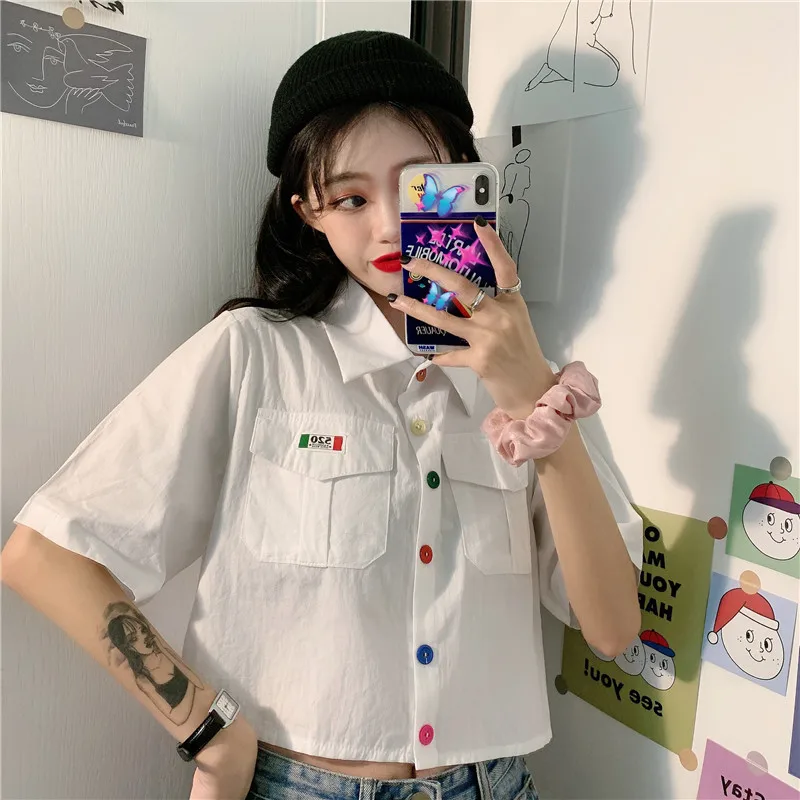 

Fashion Woman Short Sleeve Tops Korean Preppy Cute All-match New Loose Chic Tops Women Summer Sweet Single-breasted T-Shirts