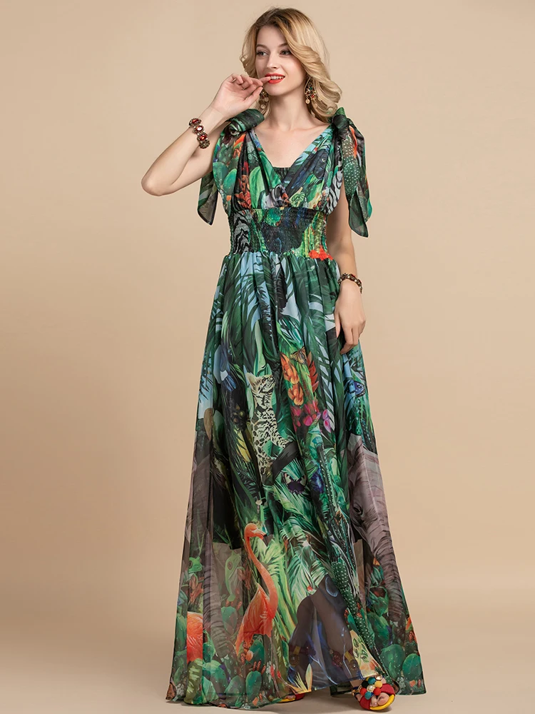 

Vintage Flowers Print Holiday Boho Long Dress Plus size Summer Fashion Runway Maxi Dress Women's V-Neck elastic