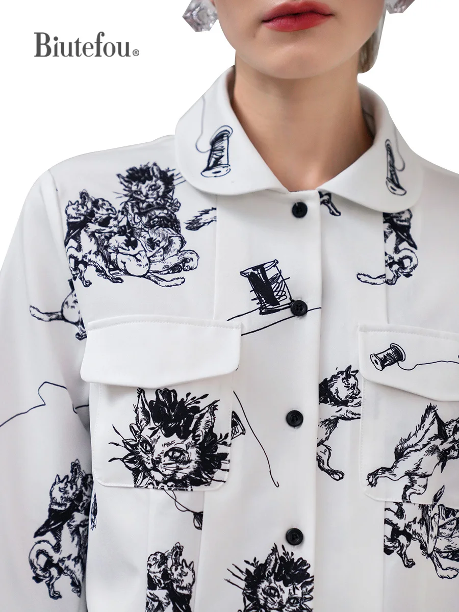 【Biutefou】Original Design 2022 Spring Women Cat Sketch Illustration Line Print Shirt