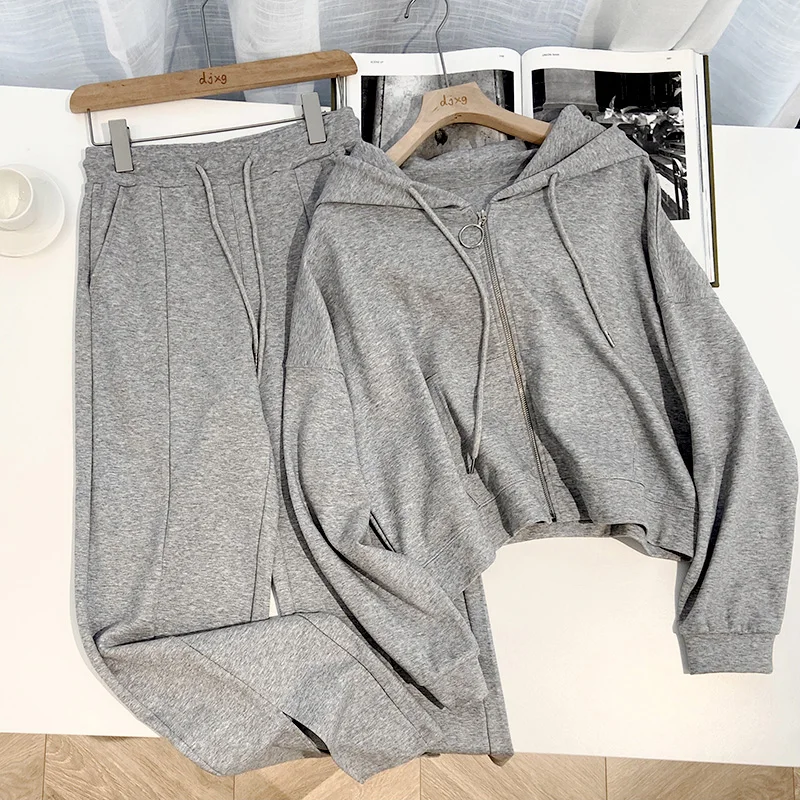 

Повседневный женский спортивный костюм, Новинка осени 2021, свободная толстовка на молнии и повседневные брюки с эластичным поясом, комплект ...