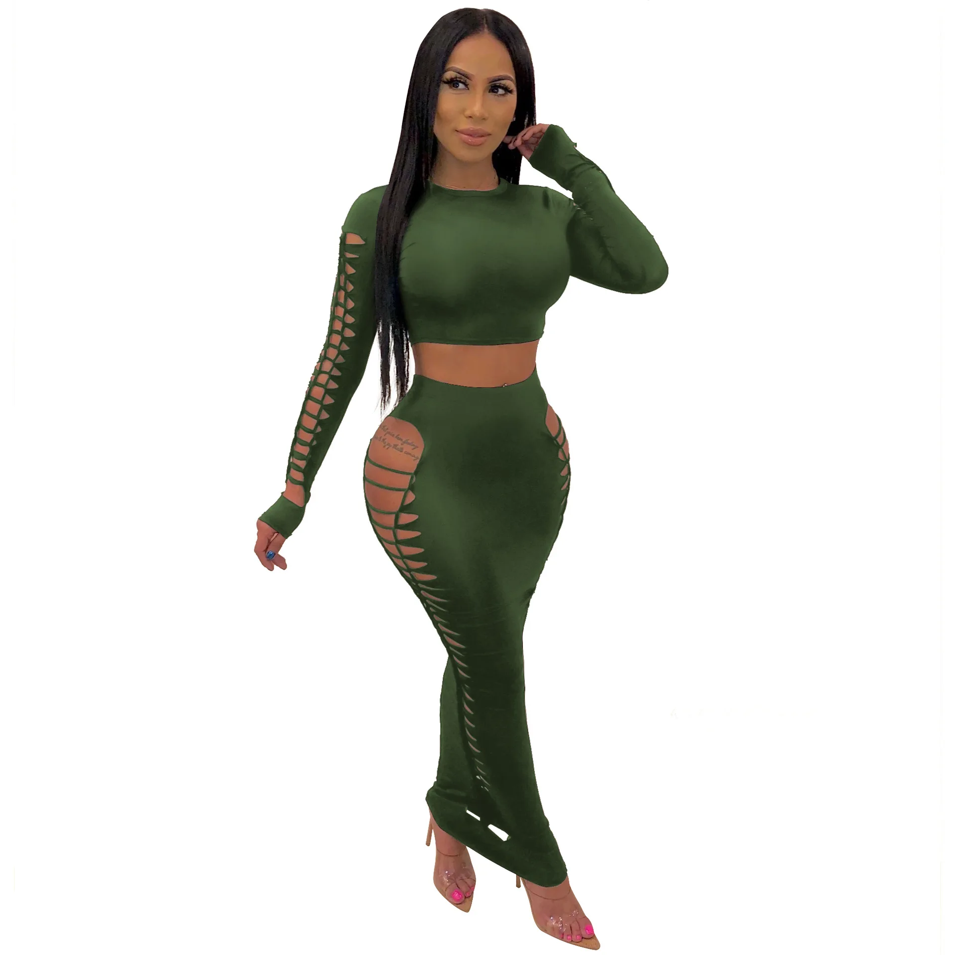 Сексуальный женский костюм с вырезами короткий топ длинным рукавом и длинная