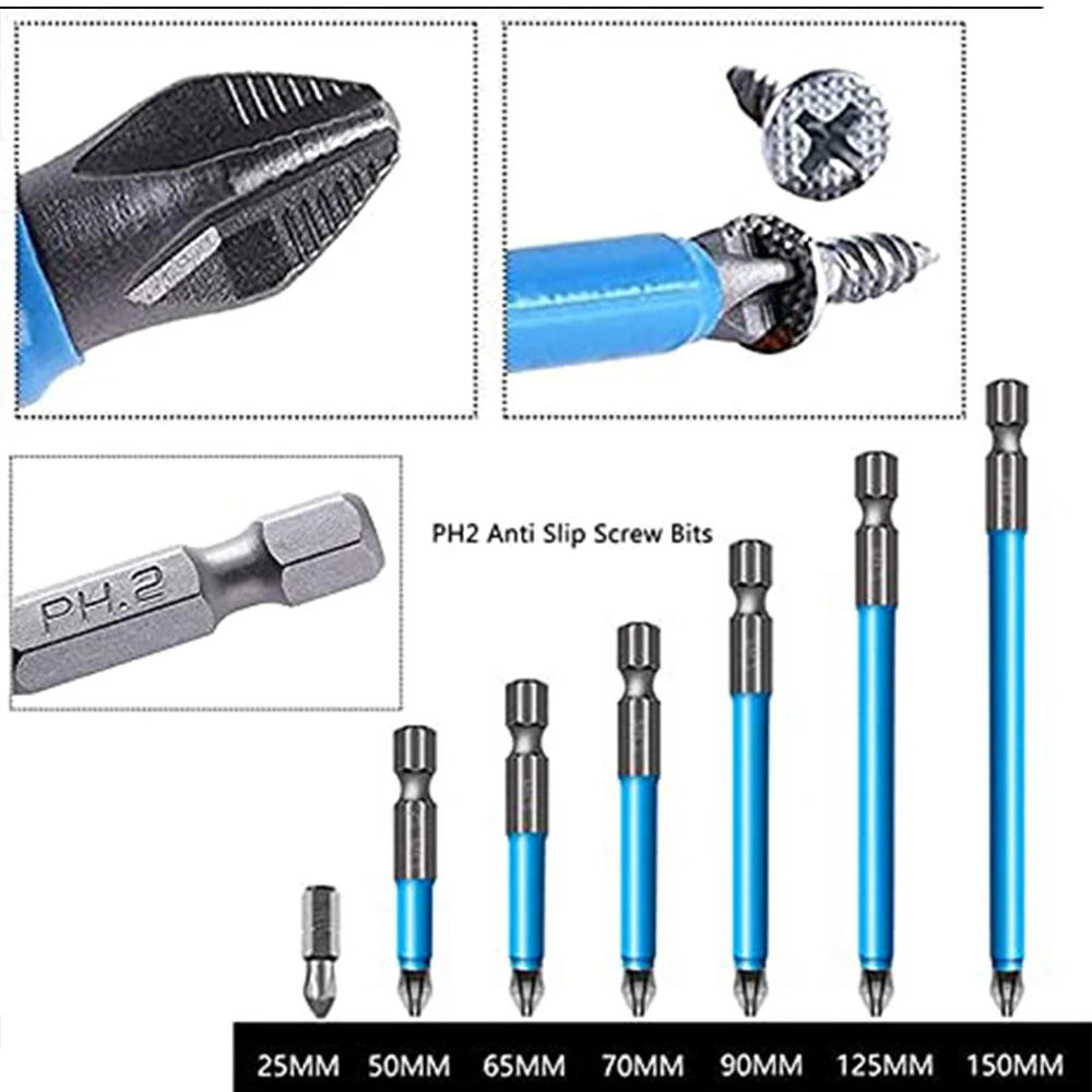 

Hot Magnetic Anti-Slip Drill Bit 7Pcs Magnetic PH2 Phillips Bits Set Hand Tools Screwdriver Drill Bit 25mm-150mm