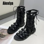 Женские сандалии с открытым носком в римском стиле, летние женские сандалии на толстой подошве, высокие черные ботинки на молнии, BC253