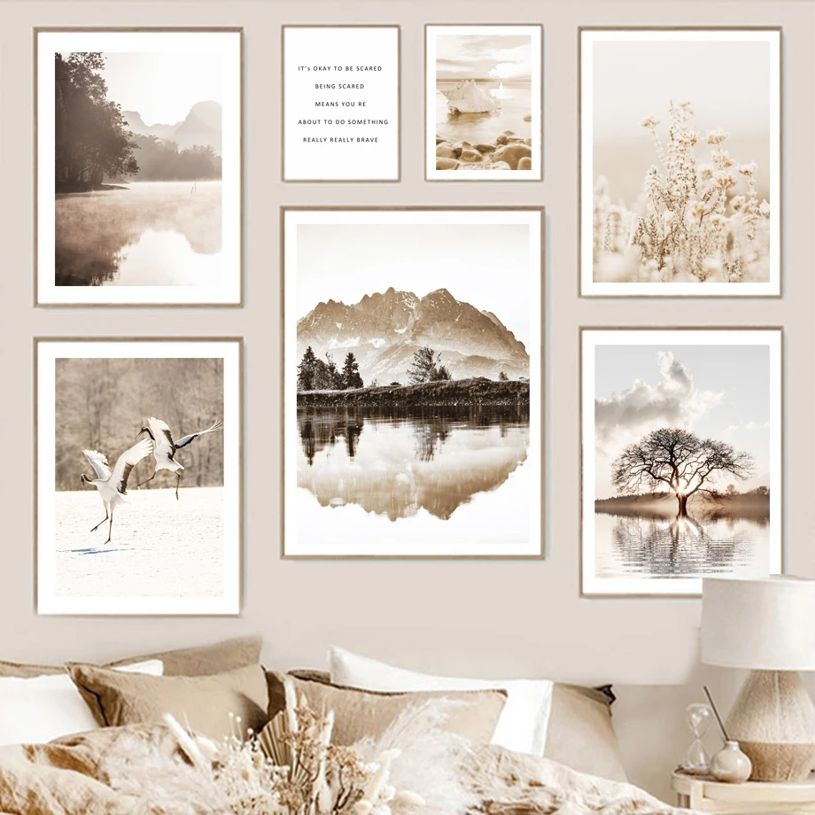 

Autumn Forest Lake Sunset Fog Beige Line Wall Art Canvas Painting Nordic Posters And Prints Wall Pictures For Living Room Decor