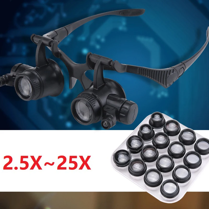 

16 Lens Binocular Glasses Magnifier 2 LED Eyewear Magnifying Glass Black Watch Repair Magnifier Loupe Reading Jewelry Lupa