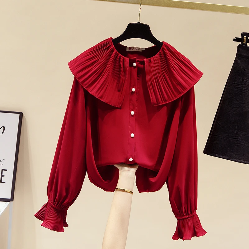 

VANOVICH Korean Japan Style Design Fashion Ruffled Doll Collar Shirt 2021 Fall New Flare Sleeve Women Blouse