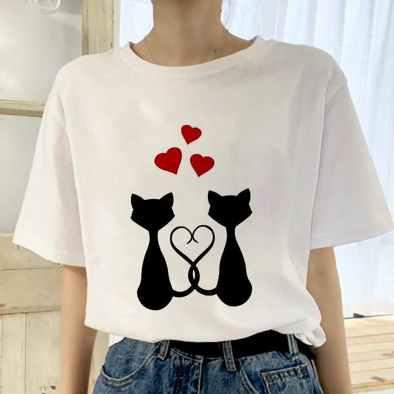 Новинка 2019 летняя футболка женская с принтом Love cat топы одежда модная крутая