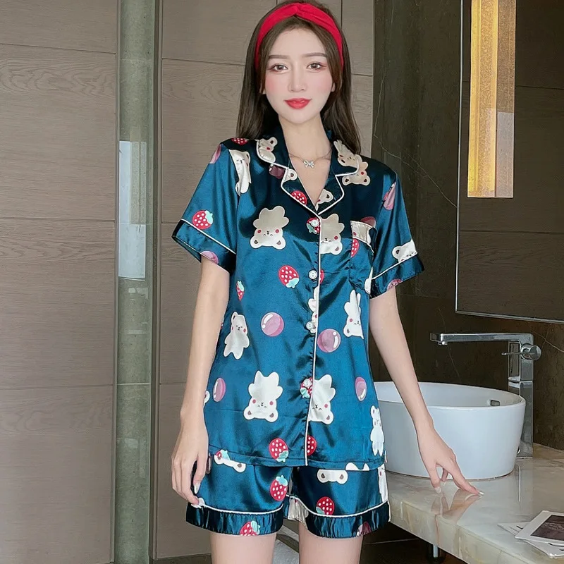 2021 Ice silk pajama women summer short sleeve Korean version of douyin web celebrity with imitation silk lovers home