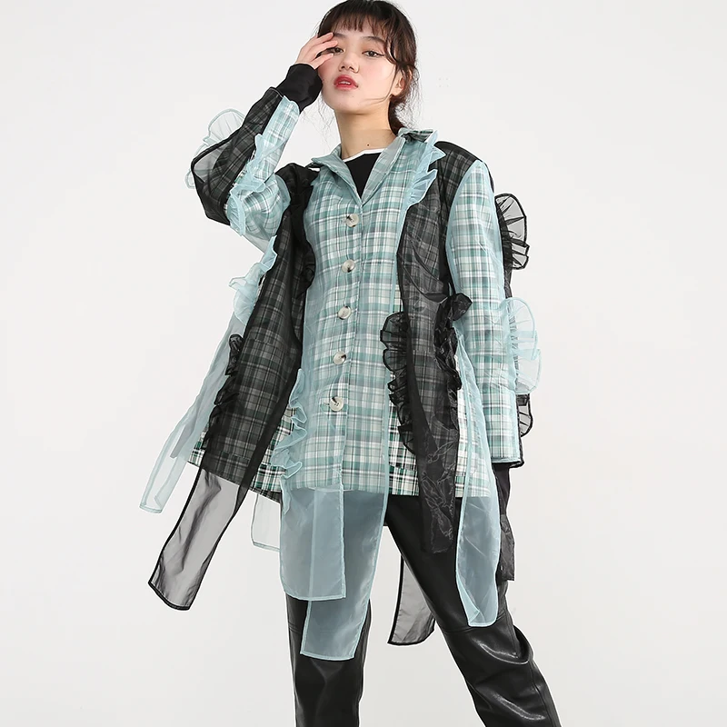 

[EAM] Women Green Ruffles Organza Big Size Blazer New Lapel Long Sleeve Loose Fit Jacket Fashion Spring Autumn 2021 1H27306