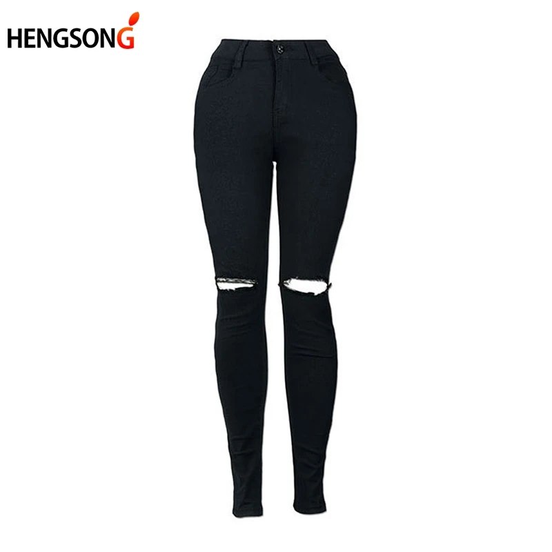

New White Hole Ripped Jeans Women Cool Denim High Waist Elastic Pants Capris Female Skinny Black Casual Pencil Jeans HO833795