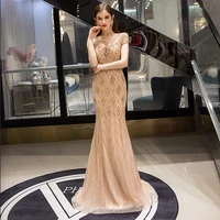 champagne gold formal evening dresses long short sleeves delicate beaded trumpet luxury vintage evening gown for women party