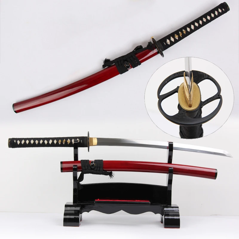 comprar 82cm Artesanal Espada Katana Real 1095 Aço Carbono Navalha Afiada Wakizashi Samurai Espadas Completa Tang Ferro Tsuba