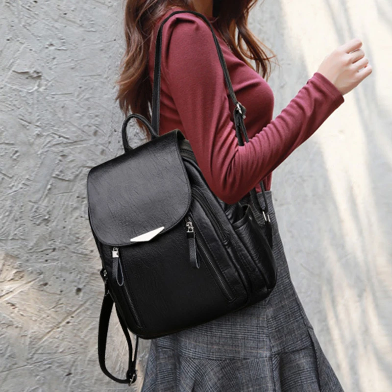 

Casual Female Leather Women's backpack Large Capacity School Bag For Girl Double Zipper Leisure Shoulder Bag Backpack