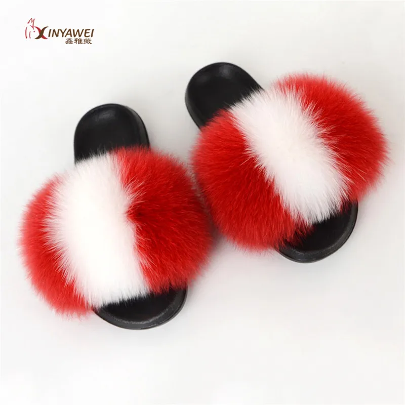 Шлепанцы женские из натурального Лисьего меха радужные меховые сланцы