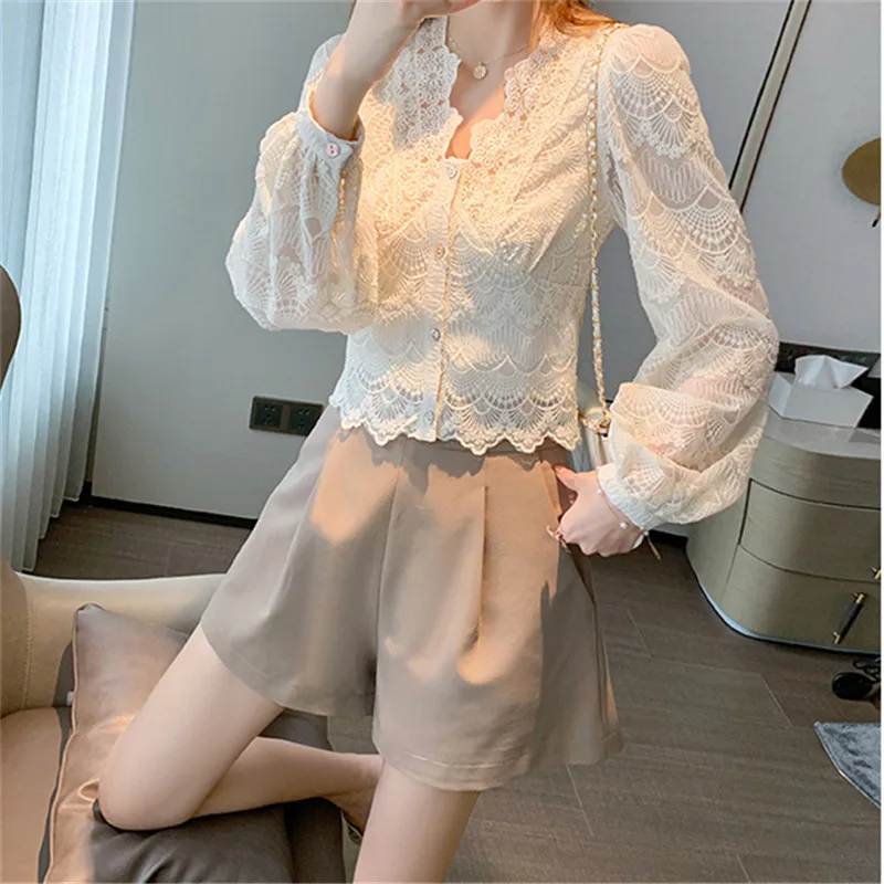 

Puff Sleeves Blouse for Lady New Casual Lace Blouse Shirts Women V Neck Spring Autumn High Quality Elegant Shirts Female