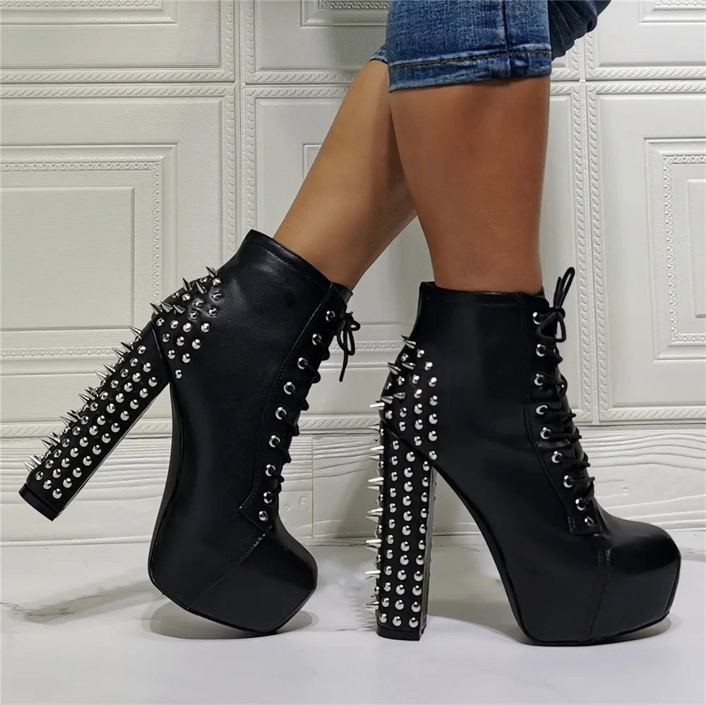 

New look classic pure black ladies ankle platform boots with rivets thick high heels short boots female black shoes ladies 45 46