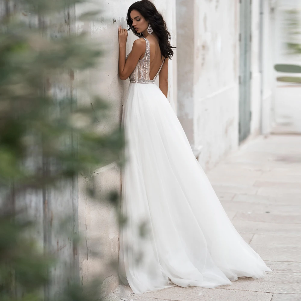 

Vestidos Elegant Wedding Dresses Tulle Illusion Beading Crytal V-Neck Sleeveless Backless A-Line Bridal Gowns