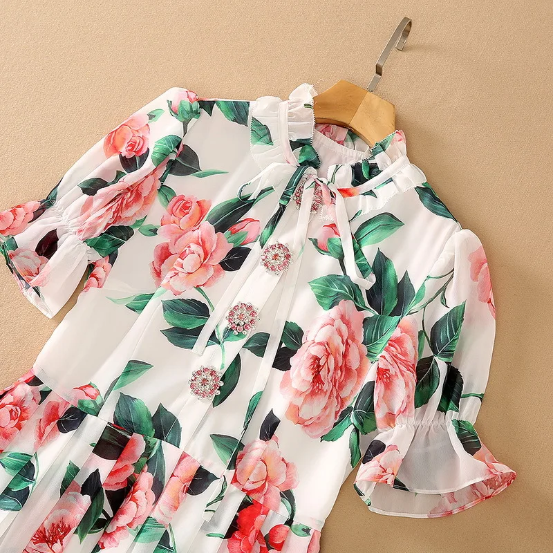 

European and American women's wear for summer 2021 Short sleeved beaded button flower print Fashion pleated dress