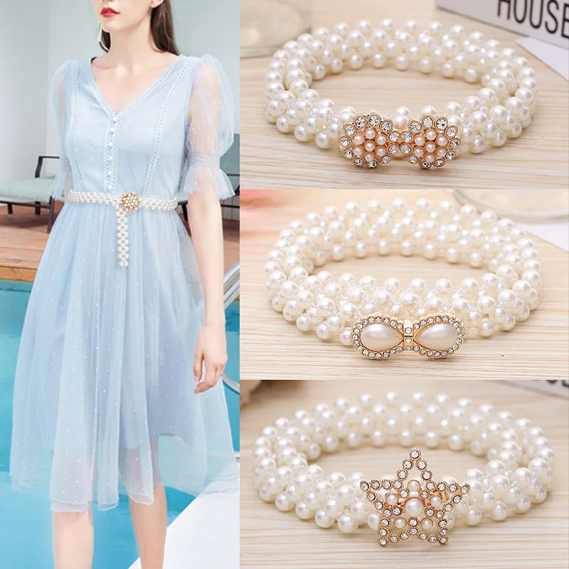 

High Quality Luxury Fashion Brand New Elegant Inlaid Pearl Girdle Decoration Wide Woman Belt Dress Elastic Chain Belt Lassie