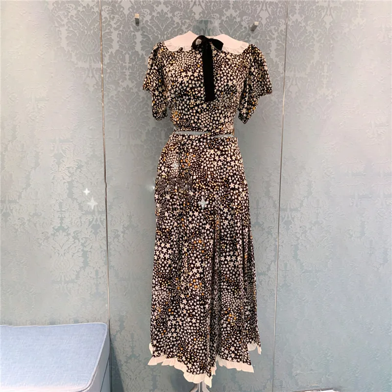 

Miu Summer New Style Floral Chiffon Shirt High Waist Skirt Fashion Suit