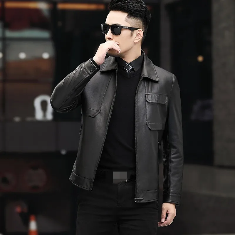 

New High Quality 100% Real Sheepskin Business Casual Jacket Men Autumn Outerwear Slim Fit Lapel Genuine Leather Biker Short Coat