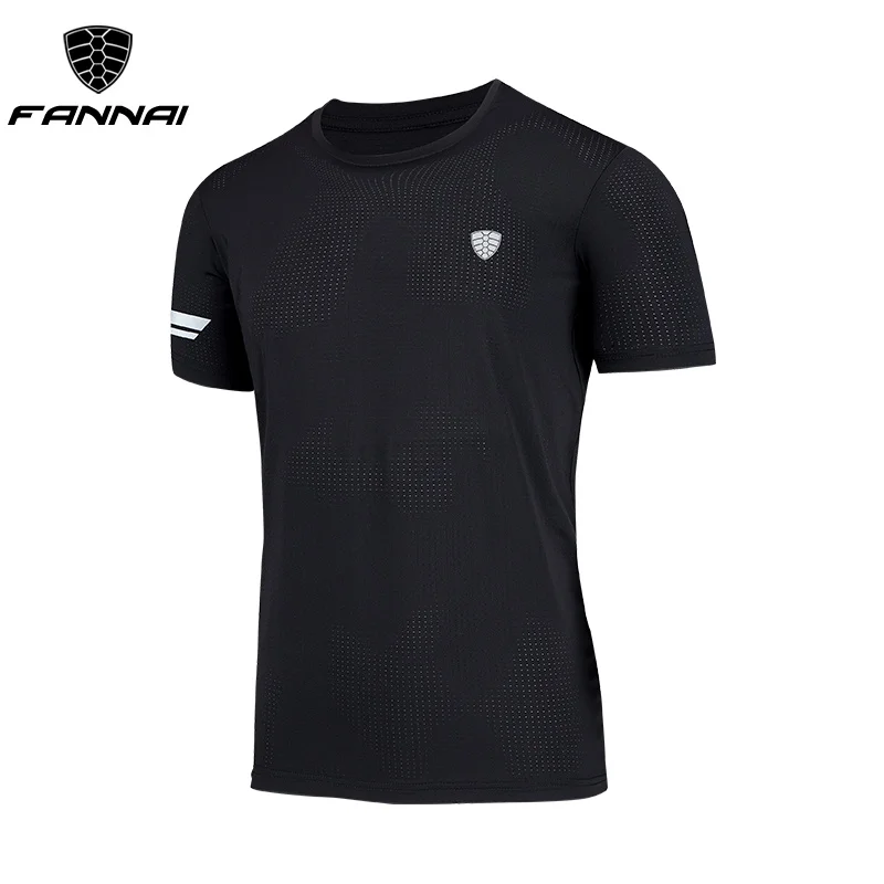 FN042Black FANNAI Мужская футболка, спортивные топы, футболки, быстросохнущая футболка для фитнеса, спортзала, мужские футболки для бега, Майки с коротким рукавом, спортивная одежда для тренировок - Цвет: FN042Black