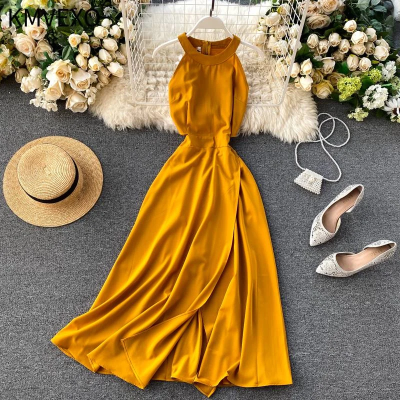 KMVEXO 2020 Summer Women O-Neck Sleeveless Red Dress Solid Fashion Elegant A-line Zipper Mid-Calf Empire White | Женская одежда