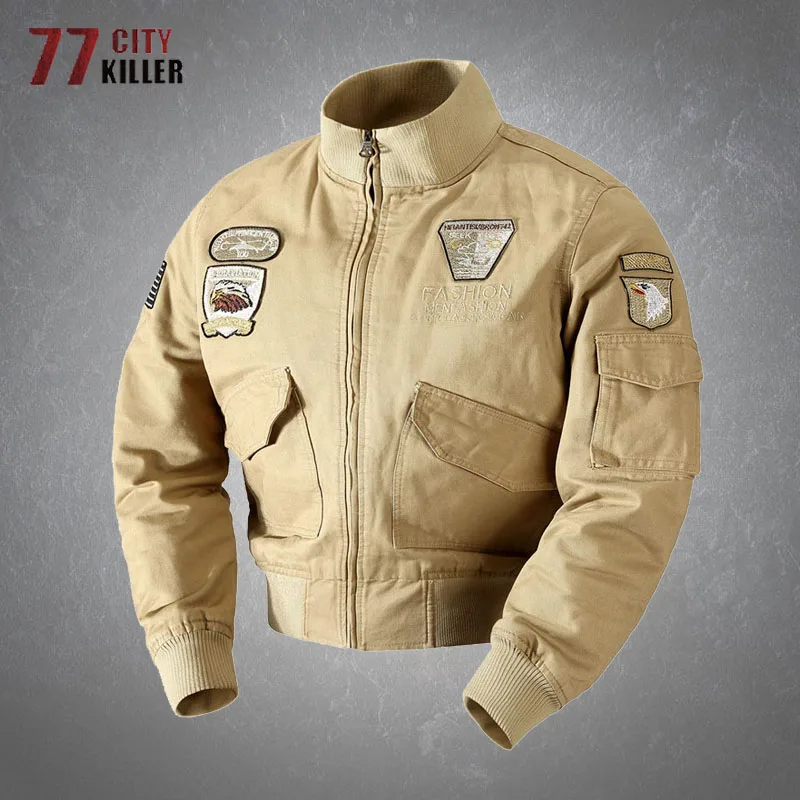 Military Bomber Jacket  Men Casual Embroidery Slim Zipper Pilot Jackets Male Autumn Solid Color Baseball Clothes Tactical Coats
