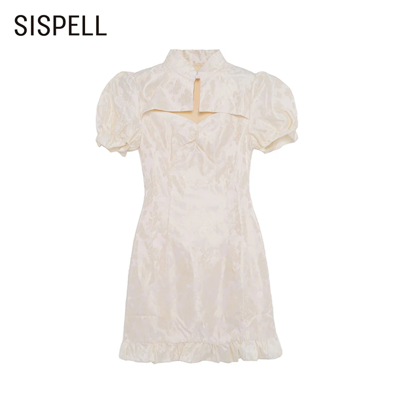 

Женское платье с коротким рукавом SISPELL, Однотонная рубашка с ложным воротником и коротким рукавом с буфами, с высокой талией, для похудения, ...