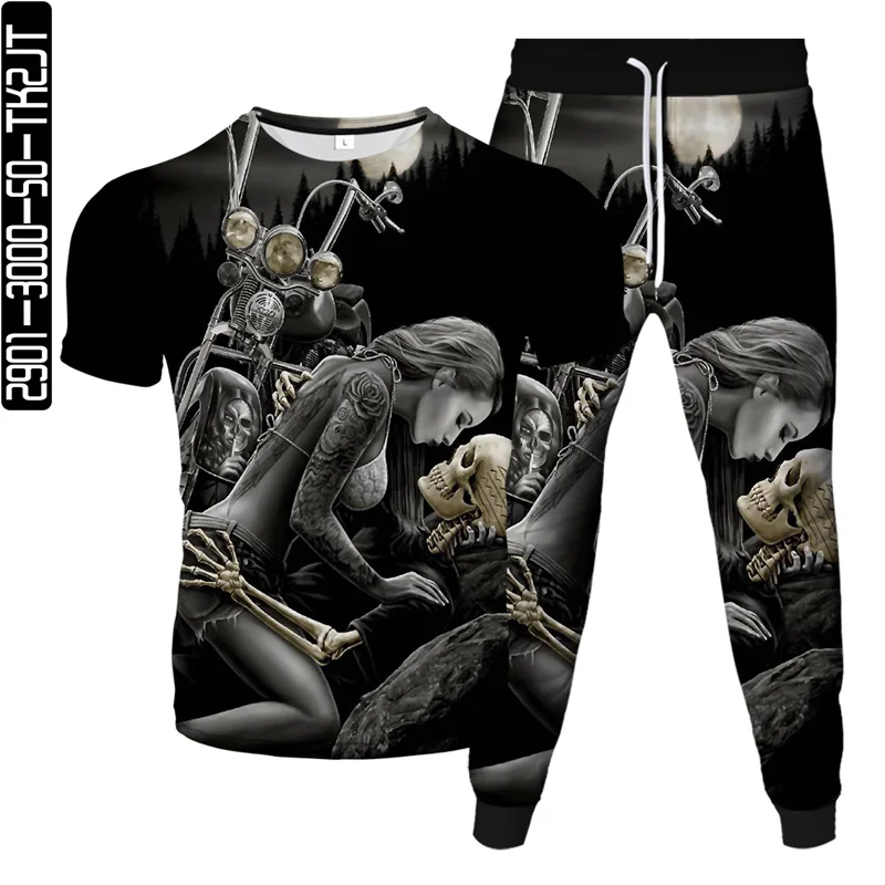 

2021 summer new T-shirt + sweatpants two-piece 3D printing skull horror hip-hop husbandâ€™s favorite rock streetwear plus size