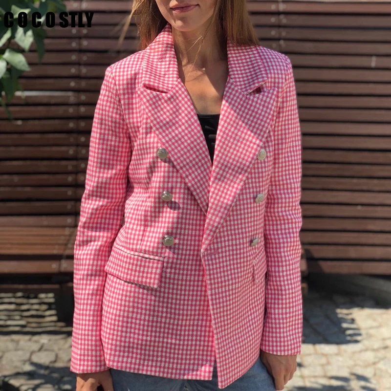 

Новинка, Женский облегающий Блейзер, Зеленый Блейзер в клетку, женские элегантные пиджаки с отложным воротником, женские офисные двубортны...
