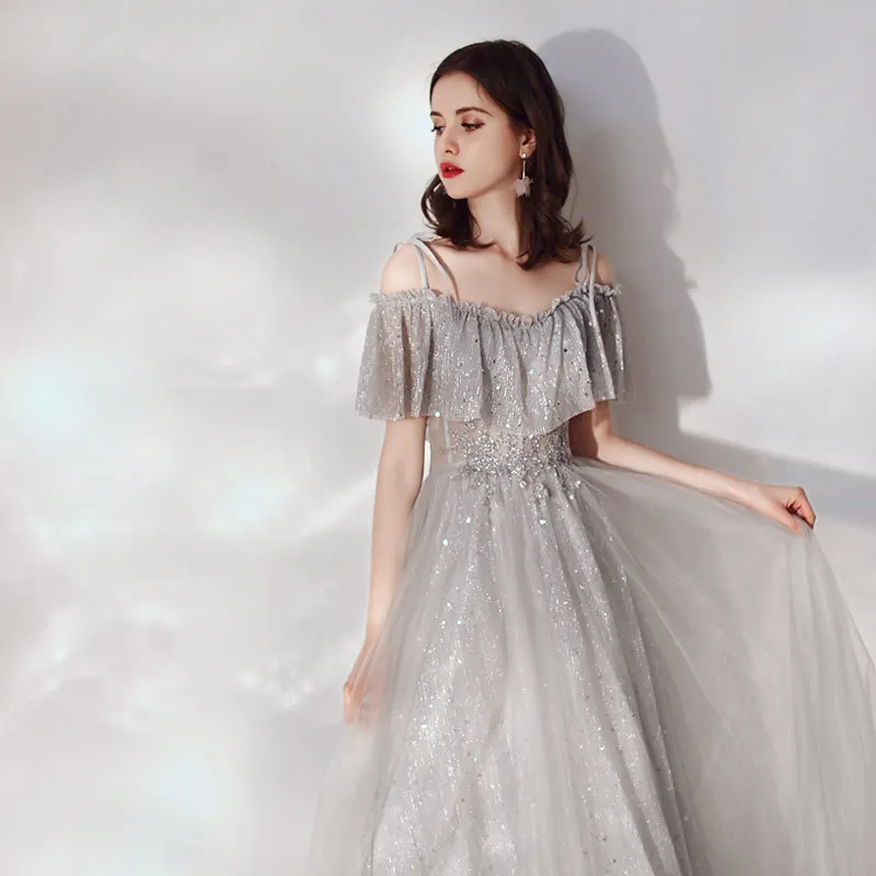 

Evening Dresses It's Yiiya K289 Sling A-Line Floor-Length Special Occasion Dresses Gray Short Sleeve Crepe Robe De Soiree