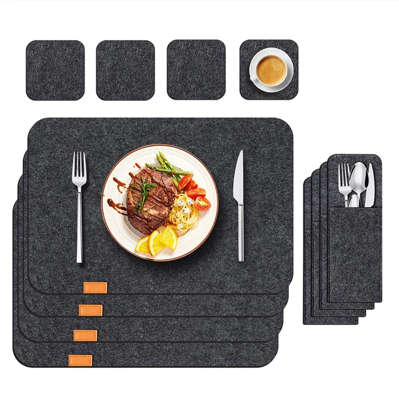 

18Pcs Anti-Slip Natural Felt Dining Table Placemats Set Heat Insulated Coasters Kitchen Cutlery Storage Bags Washable Coasters