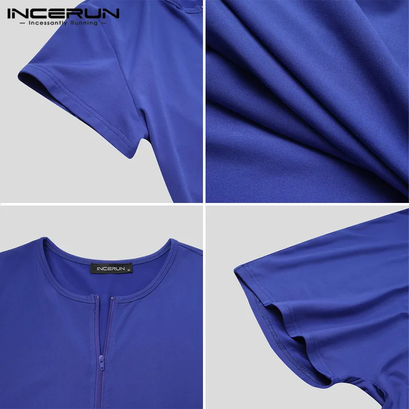 INCERUN Men Pajamas Rompers Solid Short Sleeve V Neck Zipper Fitness Leisure Homewear Playsuits Cozy 2022 Jumpsuit Sleepwear