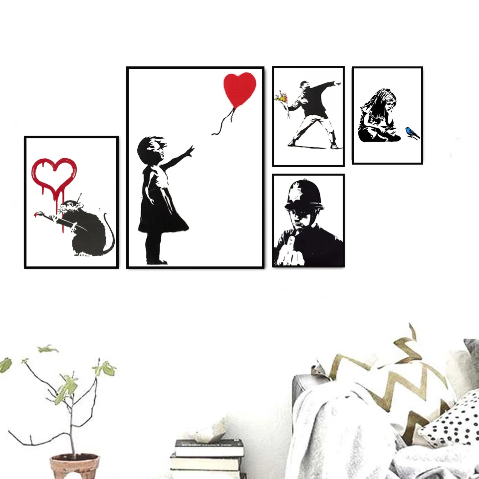

Banksy girl graffiti red balloon picture print on canvas painting black and white wall art posters and prints Nordic home decor