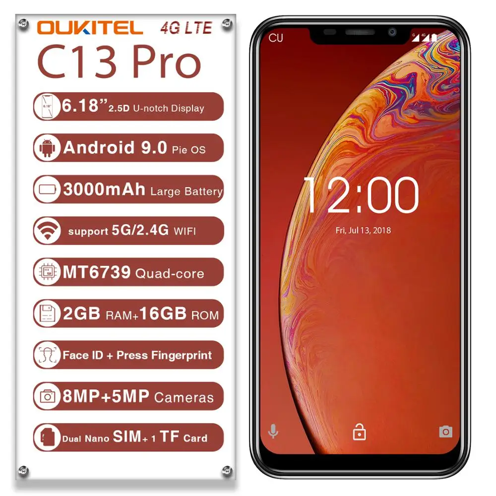 Oukitel C13 Pro Android 9 0 6 18 "четырехъядерный смартфон MT6739 3000 мАч 2 Гб RAM 16 ROM 4G глобальная