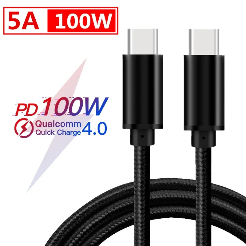 

USB Type C To Type C Cable 5A PD 100W Fast Charging Data Cord For Xiaomi 11 10 Huawei P40 Samsung S21 Mobile Phone Charge Cable